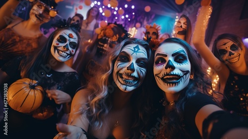 Photo of friends with Halloween costumes taking selfie on a party, celebrating with friends at a hallowen party. vibrant and lively environment reflects the party atmosphere