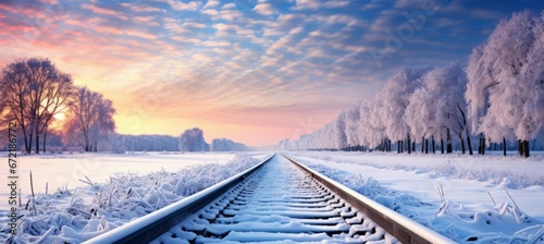 Train railway train on winter landscape. Generative AI technology.