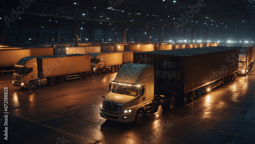 Trucks await their turn at the transport terminal, which is actively operating at night, receiving trucks for loading and subsequent delivery of various goods