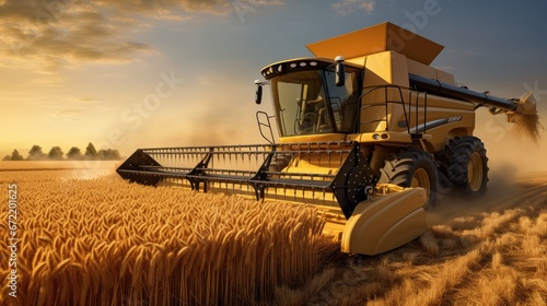 Wheat Harvesting Excellence: Witness the efficiency of a harvester machine as it reaps golden ripe wheat in a picturesque countryside