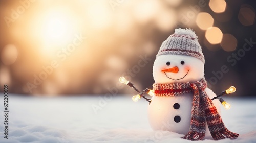 Snowman with hat and scarf on snowy background with bokeh lights and sun rays with copy space - Winter holiday Christmas banner