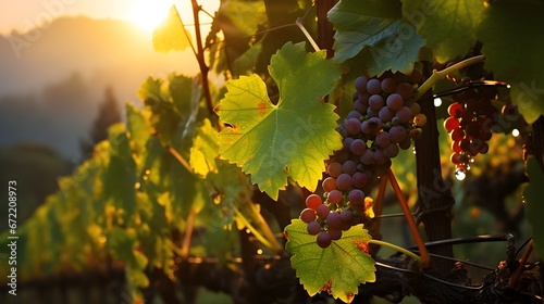 Organic vineyard at dawn, eye-level shot of grapevines bathed in morning light, dew-kissed leaves indicating nature's touch, underscoring organic practices.