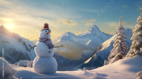 Seasonal Celebration with Christmas Decor and Snowmen in Santa Hats in a Snowy Environment