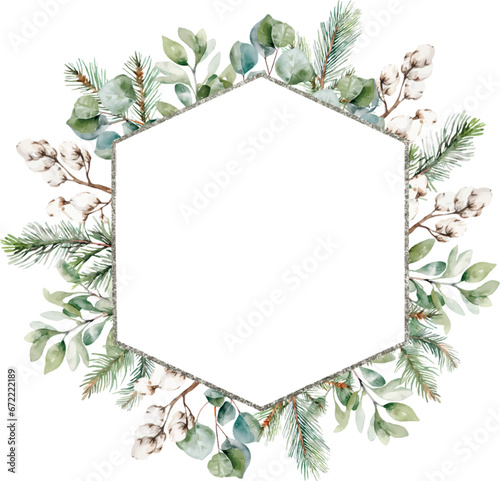 Watercolor silver Christmas frame with fir branches, leaves, pine, cotton. Winter greenery banner for christmas card. Greeting cards, invitation, celebration, wedding, party