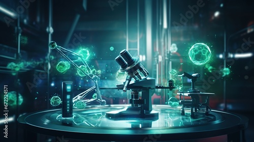 Rendering Microscope with chemical tube and glassware in laboratory. AI generated image