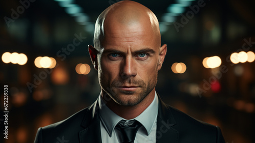 portrait of a bald man wearing a short jacket.