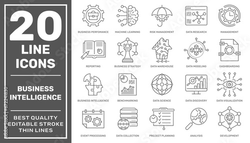 Set of icons related to business Intelligence and business management, such as machine learning, data modeling, development, visualization, risk management, and more. Editable stroke.