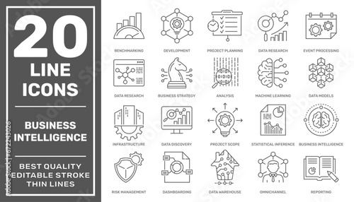 Set of business Intelligence icons, such as machine learning, data modeling, visualization, risk management and more. Editable stroke. EPS 10