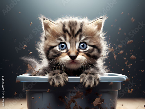 adorable little kitty cat in dirty litter isolated. ginger kitten with amazed shocked eyes,dirt in splash.generative ai domestic pet 