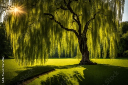 sunset in the forest, weeping willow tree, shadow, weeping willow in park,