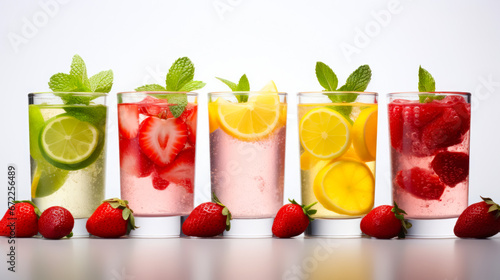 Cocktails with berries and fruits on a light table next to ripe strawberries. Favorite soft drinks, summer vacation time, idea for background or advertisement
