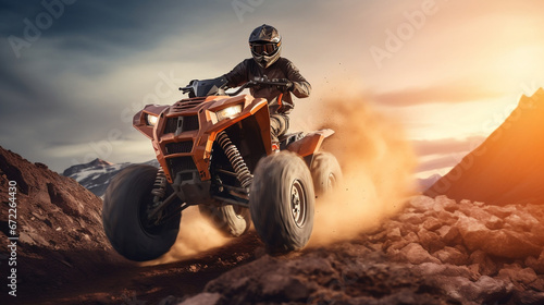 All-terrain ATV Quad Rider on blurred motion dirt road at sunset