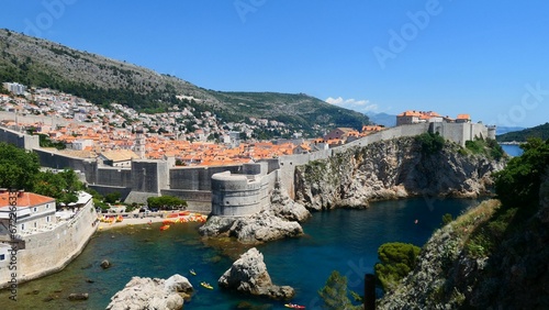 Aerial view of Kolorina Bay and the old town of Dubrovnik against a blue sky
