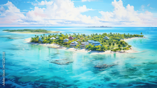 oil painting on canvas, Maldives paradise scenery. Tropical aerial landscape, water villas with amazing sea and lagoon beach, tropical nature. Exotic tourism destination banner, summer vacation.