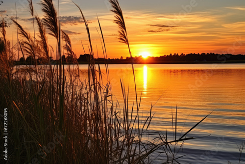Beautiful landscape of the river, reeds, water surface at sunset.