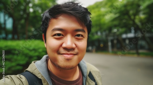 an ordinary slightly plump asian man making selfie outdoors. Portrait of a middle-aged happy guy on the street