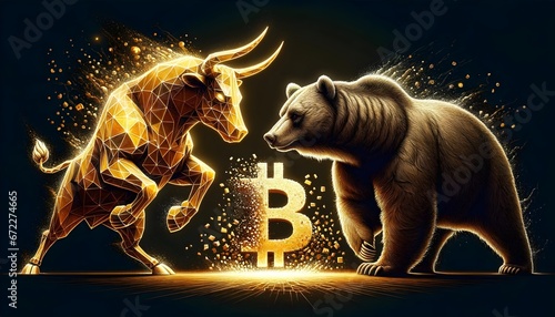 A golden geometric bull and a realistic bear face each other, symbolizing market trends Between them is a glowing Bitcoin symbol, signifying cryptocurrency conflict.