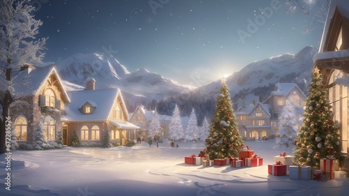 christmas tree in the snow,charistmas tree background,A winter wonderland in the snow, with a twinkling Christmas tree,Winter Village with Snow vintage style Winter Village Landscape Christmas.