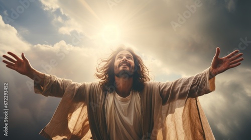 Resurrected Jesus Christ reaching out with open arms in the sky