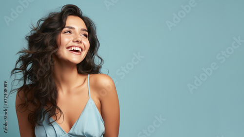 Indian woman model wear blue sundress isolated on pastel background
