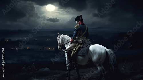 Napoleon from behind on a white horse looks down on the battlefield at night