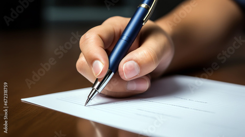 Business concept. Photo close up of hand writing on the paper. Businessman signing a document or write a message. Generative AI