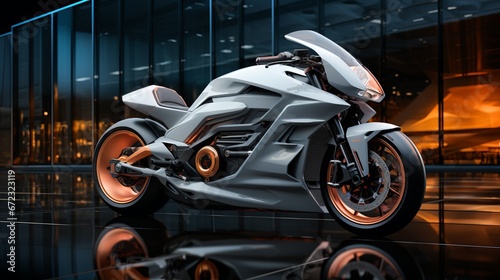 The sleek white motorbike, its orange rims gleaming, stood parked outside the building, a symbol of speed and freedom with its spinning wheels and powerful brakes