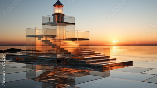 A majestic glass staircase leading to a lighthouse tower, surrounded by the vibrant hues of a sunrise reflected on the glistening waters, beckoning one to explore the wild beauty of the outdoor sky