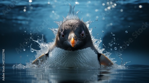 A lively penguin basks in the wildness of the great outdoors, playfully splashing water with its beak as it swims among its fellow feathered friends