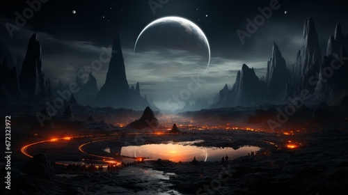 The ethereal glow of the moon illuminates the rugged peaks of the mountain range, casting a haunting aura over the fiery circle at its base in the dark and wild outdoor night sky