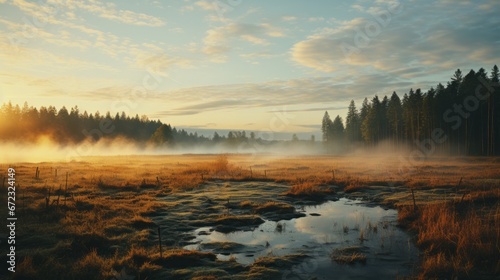 As the fog dissipates and the sun rises over the tranquil marsh, the wild landscape of trees, clouds, and water create a mesmerizing scene of untamed beauty and untold secrets