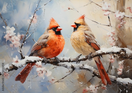 AI generated illustration of teo beautiful Northern Cardinal birds perched on a wintery branch
