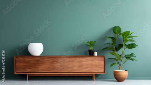 a green wall with a wooden cabinet and a plant in a pot and a hanging planter on the wall