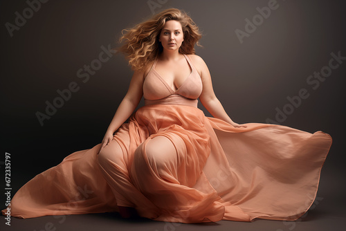 Portrait of a curvy woman wearing a long dress and posing in a photo-studio set with a grey background. 
