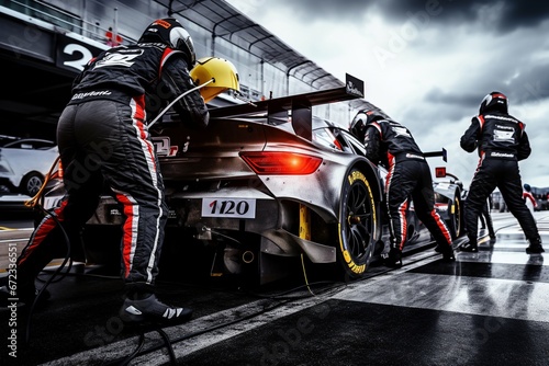 The Art of Seamless Collaboration: Professional Pit Crew in Action as Race Car Hits the Pit Lane, Epitomizing the Essence of Teamwork