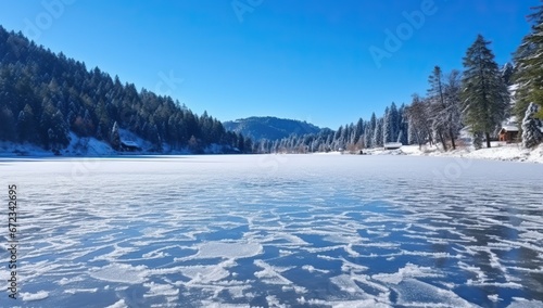 winter landscape with frozen lake and coniferous forest