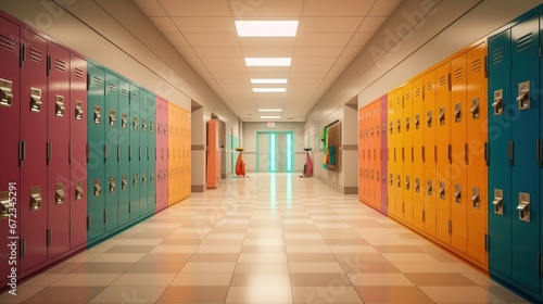 Empty high school hallway with colorful student lockers. AI generated image