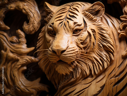 A Detailed Wood Carving of a Tiger