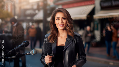 breaking news photography, female reporter covering a live event for media and TV news. Generative AI
