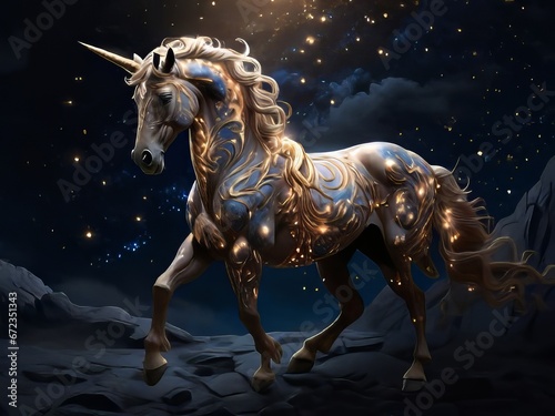 un unicornio celestial radiante atraviesa con gracia el cielo nocturno, envuelto en un resplandor etéreo que ilumina la oscuridad