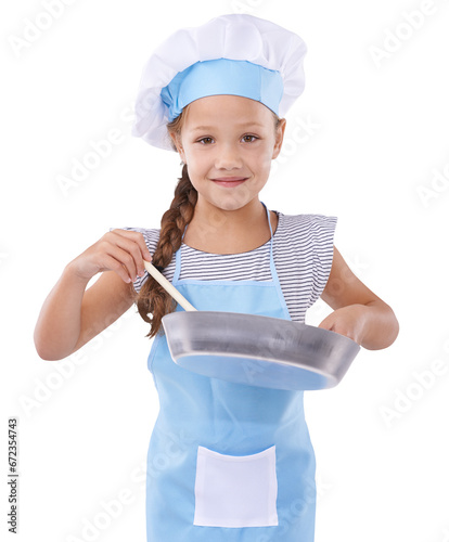 Girl, smile and pretend chef in childhood, cooking and prepare food in imagination. Female child, learning and development in portrait, pan and play, fun and isolated on transparent png background