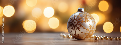 Christmas bauble with intricate gold patterns and beads, set against a backdrop of shimmering golden bokeh lights.