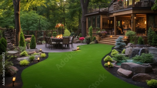 This beautiful backyard woodland garden features a maintenance free lawn made of realistic looking artificial grass, a huge landscaping trend for small spaces. 8k,