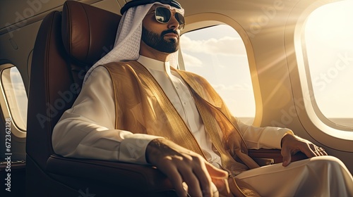 Young Arab sheikh flying in private jet.