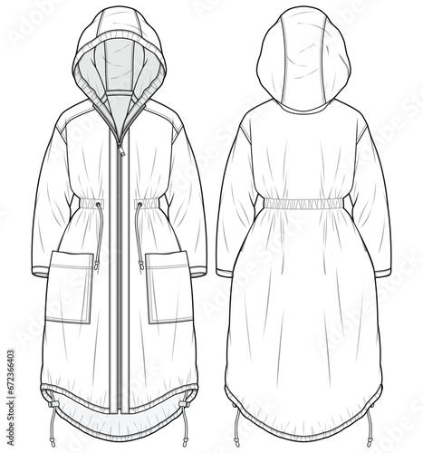 Anorak Hoodie jacket design flat sketch Illustration cad drawing, Women's overcoat Hooded jacket with front and back view, winter hoody jacket for Men and women. for hiker, outerwear in winter