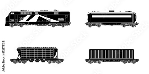 Railway freight wagons, black locomotive silhouette with wagons on a white background, car the tank, hopper car and container platforms, illustration