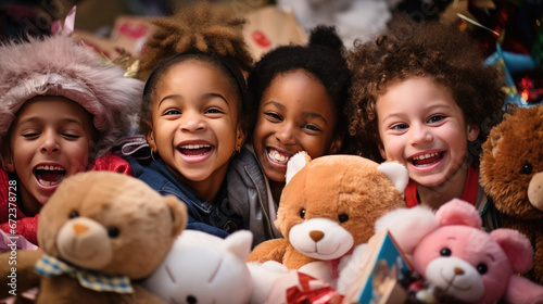 Joyful children surrounded by plush Christmas toys and gifts smile and laugh in a heartwarming holiday setting.