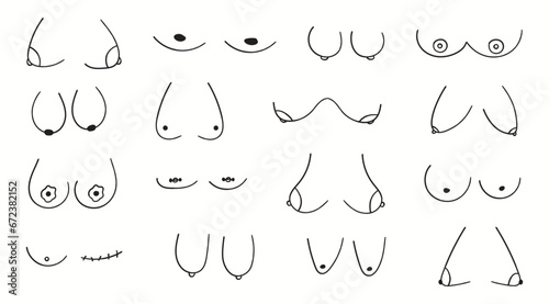 Big set of women's breas of different form. Body positive, feminism concept. Doodle funny boobs. Hand drawn collection.