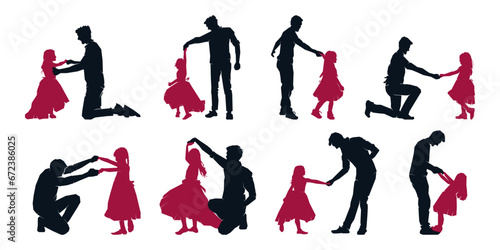 Father dancing with daughter silhouette collection. Happy family, dad and cute little girl. Vector clip art illustration