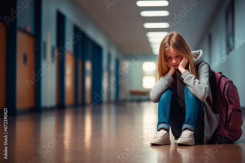 Girl with backpack sad and alone crying in the school hallway. Bullying, adhd and autism.